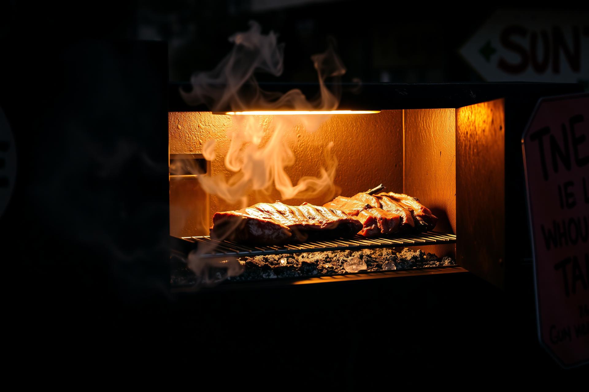 Ribs and brisket smoking on the pit at Ronnie Ron's BBQ